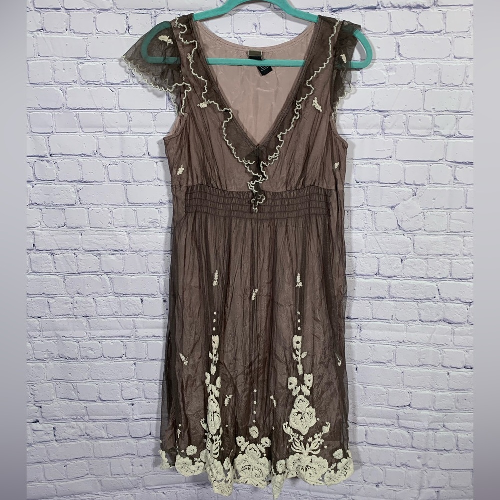 Embroidered Taupe V-Neck Mini Dress with Cream Floral Trim